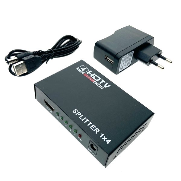 HDMI разветвитель 1x4 с усилителем до 30м Espada EDH12 v1.4 4K@30hz черный + блок питания, поддержка 3D